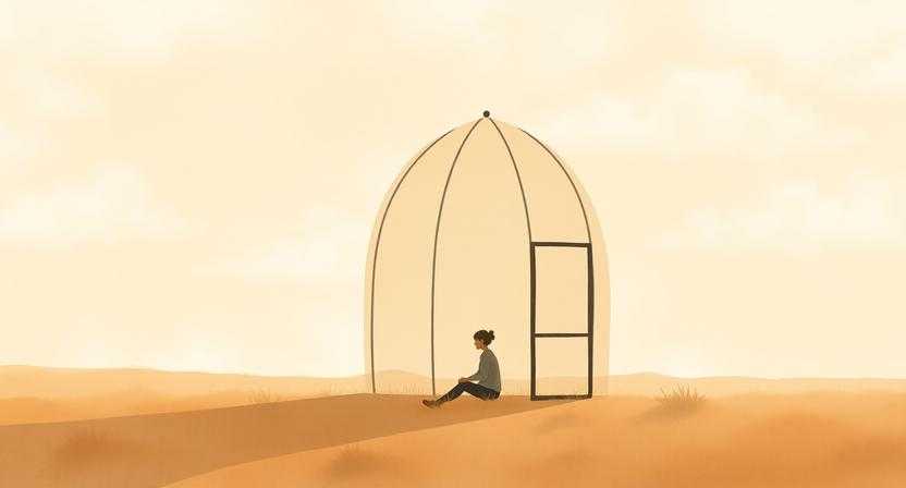 넓은 들판 위 작은 쉘터 안에 앉아 바깥을 바라보는 사람