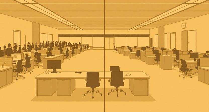Minimalist editorial illustration of an office space divided in half, one side busy and crowded with people, the other side with empty desks and chairs, muted warm tones, soft grain texture, no text, 16:9 aspect ratio