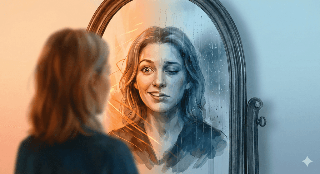 Conceptual portrait of one person reflected in a mirror but showing two different expressions: one side excited and engaged, the other side tired and contemplative, soft gradient background transitioning from warm orange to cool blue, artistic double exposure effect, editorial illustration style