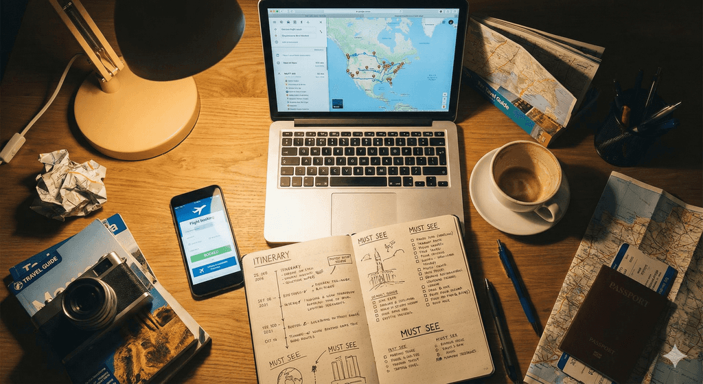 Overhead view of a desk at night with travel planning materials scattered: laptop showing Google Maps, phone with flight booking app, notebook with handwritten itinerary, coffee cup half empty, soft warm lamp light, cozy yet obsessive atmosphere, lifestyle photography style