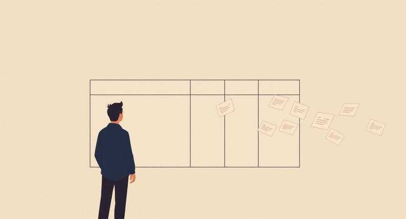 Minimalist editorial illustration of a person standing in front of an empty kanban board, with completed task cards flying away rapidly behind them, muted warm tones, soft grain texture, no text, 16:9 aspect ratio