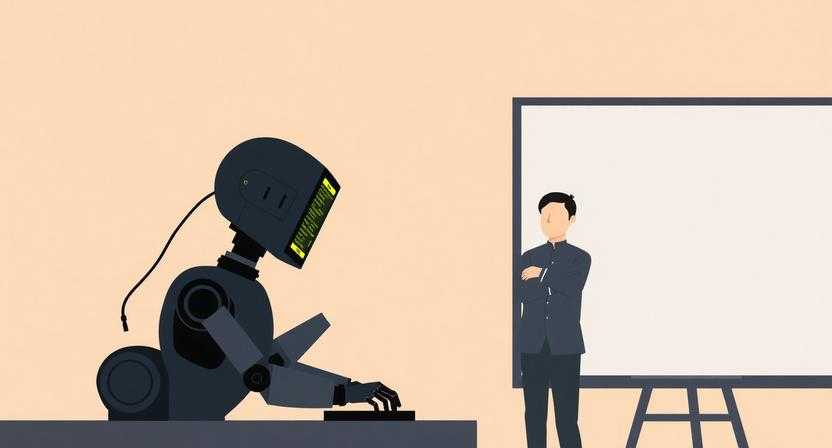 Minimalist editorial illustration of a robotic arm typing code rapidly on a screen while a person next to it stares at a blank whiteboard, muted warm tones, soft grain texture, no text, 16:9 aspect ratio