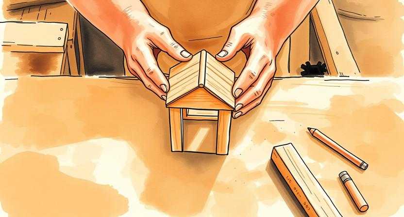 두 손이 작업대 위에서 작은 나무 구조물을 함께 만들고 있다