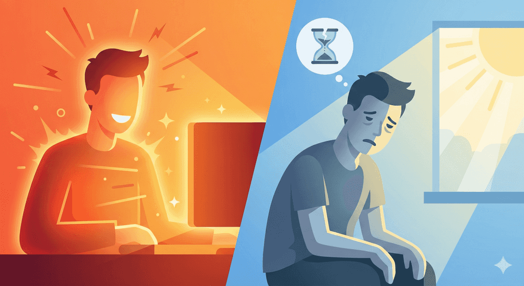 Split screen illustration: left side shows a warm, orange-red glowing figure excitedly watching a screen with sparkles and energy, right side shows the same figure in cool blue tones looking tired and regretful in morning light, minimalist flat design, conceptual art style